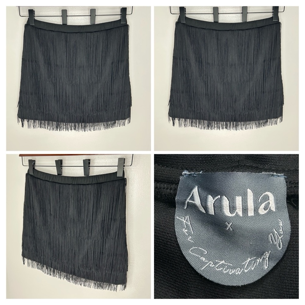 Arula Women’s Black Fringe Mini Skirt Size XL Boho Western‎ Festival Party Chic